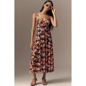 ANTHROPOLOGIE Women's Scoop-Neck Mesh A-Line Midi Dress Size M In Black Motif